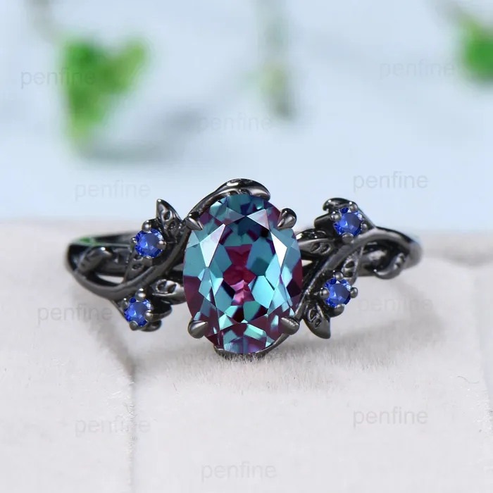 PENFINE Rings Nature Inspired Leaf alexandrite ring set black gold branch twig color change engagement ring unique sapphire wedding ring set for women PENFINE Rings Nature Inspired Leaf alexandrite ring set black gold branch twig color change engagement ring unique sapphire wedding ring set for women