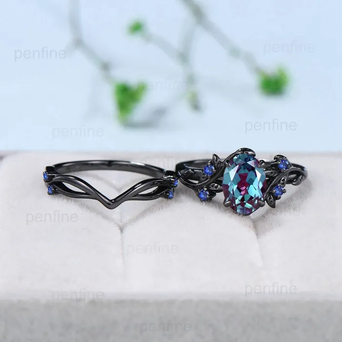 PENFINE Rings Nature Inspired Leaf alexandrite ring set black gold branch twig color change engagement ring unique sapphire wedding ring set for women PENFINE Rings Nature Inspired Leaf alexandrite ring set black gold branch twig color change engagement ring unique sapphire wedding ring set for women