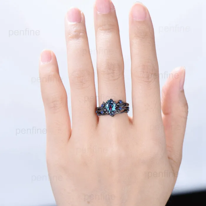 PENFINE Rings Nature Inspired Leaf alexandrite ring set black gold branch twig color change engagement ring unique sapphire wedding ring set for women PENFINE Rings Nature Inspired Leaf alexandrite ring set black gold branch twig color change engagement ring unique sapphire wedding ring set for women