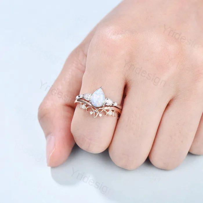 PENFINE Vintage opal ring gold women unique pear shaped fire white opal engagement ring set moissanite ring art deco crown wedding ring set Rings PENFINE Vintage opal ring gold women unique pear shaped fire white opal engagement ring set moissanite ring art deco crown wedding ring set Rings