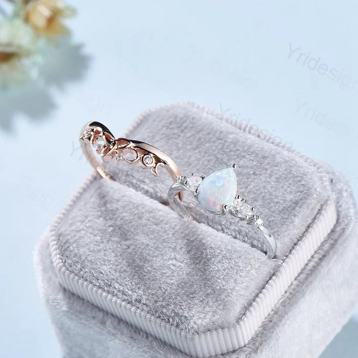 PENFINE Vintage opal ring gold women unique pear shaped fire white opal engagement ring set moissanite ring art deco crown wedding ring set Rings PENFINE Vintage opal ring gold women unique pear shaped fire white opal engagement ring set moissanite ring art deco crown wedding ring set Rings