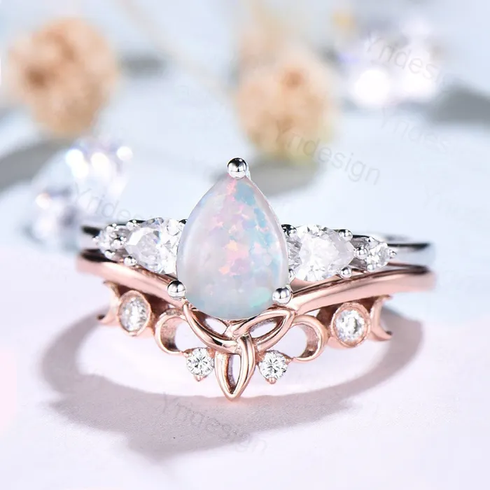 PENFINE Vintage opal ring gold women unique pear shaped fire white opal engagement ring set moissanite ring art deco crown wedding ring set Rings PENFINE Vintage opal ring gold women unique pear shaped fire white opal engagement ring set moissanite ring art deco crown wedding ring set Rings