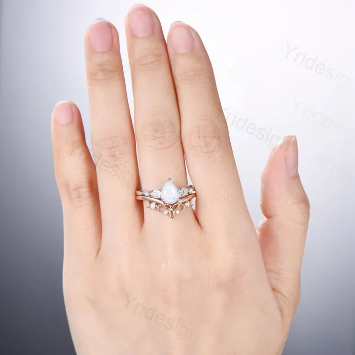 PENFINE Vintage opal ring gold women unique pear shaped fire white opal engagement ring set moissanite ring art deco crown wedding ring set Rings PENFINE Vintage opal ring gold women unique pear shaped fire white opal engagement ring set moissanite ring art deco crown wedding ring set Rings