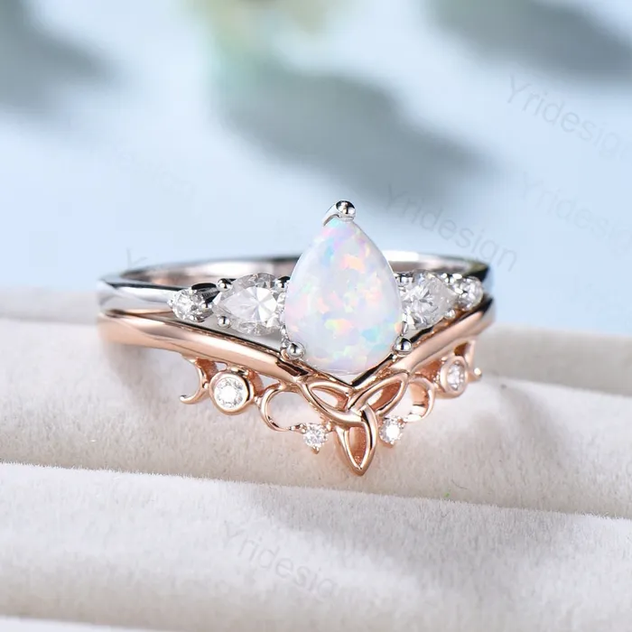 PENFINE Vintage opal ring gold women unique pear shaped fire white opal engagement ring set moissanite ring art deco crown wedding ring set Rings PENFINE Vintage opal ring gold women unique pear shaped fire white opal engagement ring set moissanite ring art deco crown wedding ring set Rings