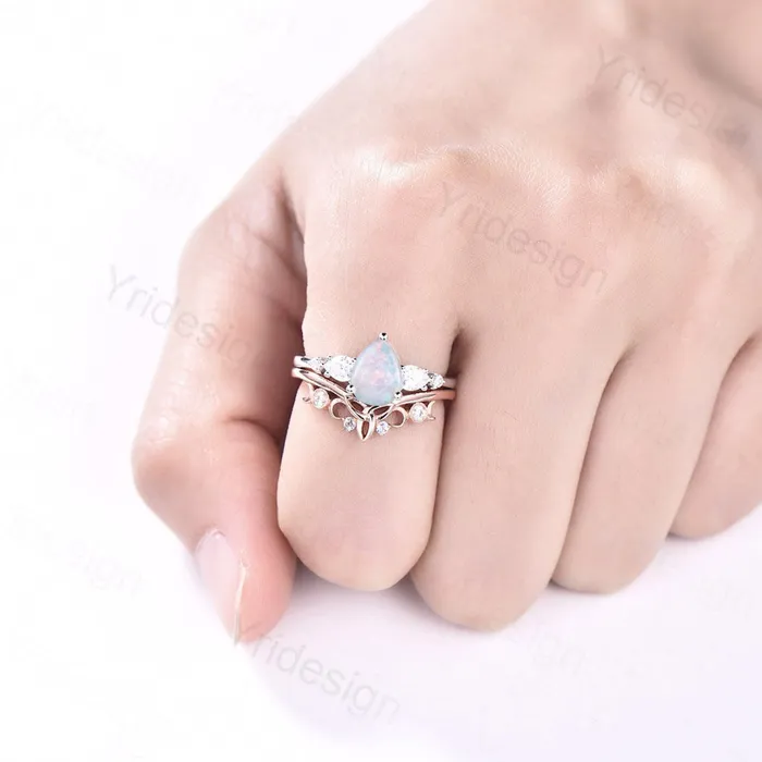 PENFINE Vintage opal ring gold women unique pear shaped fire white opal engagement ring set moissanite ring art deco crown wedding ring set Rings PENFINE Vintage opal ring gold women unique pear shaped fire white opal engagement ring set moissanite ring art deco crown wedding ring set Rings