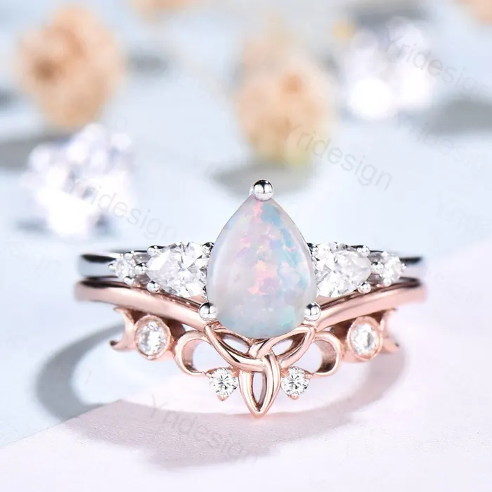 PENFINE Vintage opal ring gold women unique pear shaped fire white opal engagement ring set moissanite ring art deco crown wedding ring set Rings PENFINE Vintage opal ring gold women unique pear shaped fire white opal engagement ring set moissanite ring art deco crown wedding ring set Rings