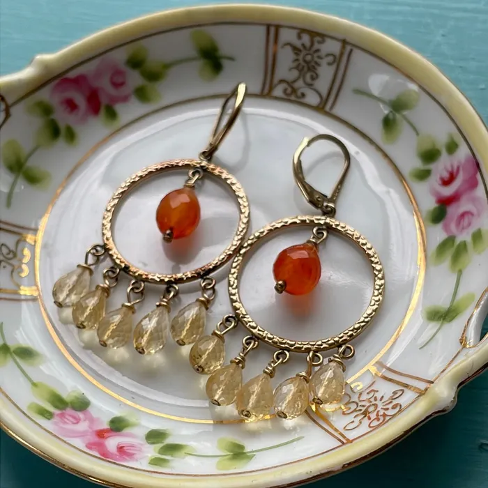 Vintage Paris Jewelry Earrings Carnelian Citrine Chandelier Earrings Gold Filled Handmade Vintage Paris Jewelry Earrings Carnelian Citrine Chandelier Earrings Gold Filled Handmade