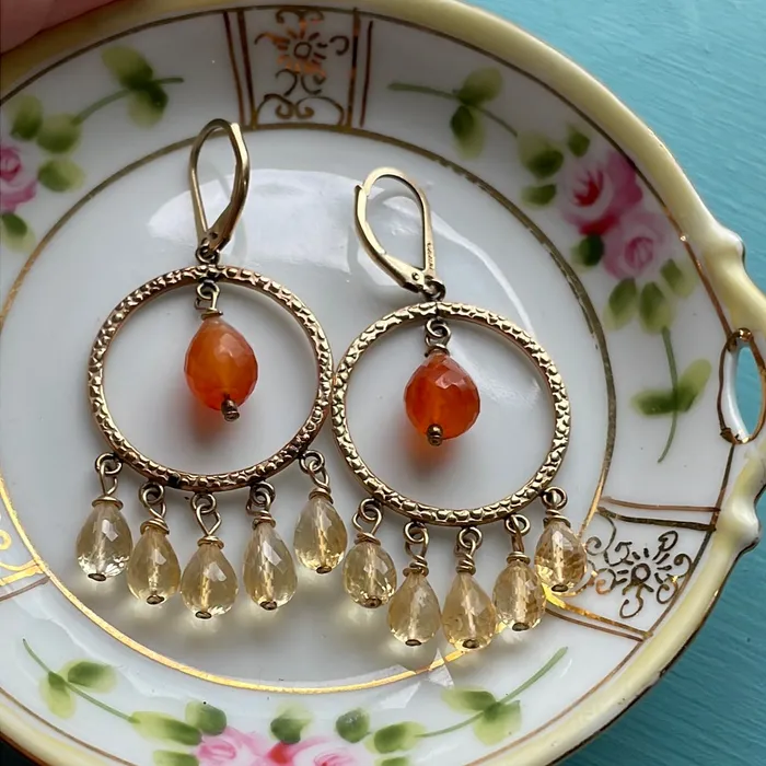 Vintage Paris Jewelry Earrings Carnelian Citrine Chandelier Earrings Gold Filled Handmade Vintage Paris Jewelry Earrings Carnelian Citrine Chandelier Earrings Gold Filled Handmade