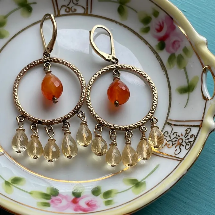 Vintage Paris Jewelry Earrings Carnelian Citrine Chandelier Earrings Gold Filled Handmade Vintage Paris Jewelry Earrings Carnelian Citrine Chandelier Earrings Gold Filled Handmade