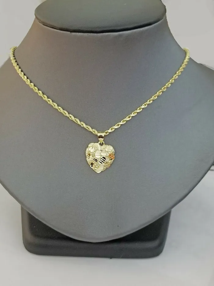 10k Yellow Gold Rope Chain Nugget Heart Charm Pendant 18 20 22 24 26 28 Gold and Diamond Necklaces 10k Yellow Gold Rope Chain Nugget Heart Charm Pendant 18 20 22 24 26 28 Gold and Diamond Necklaces