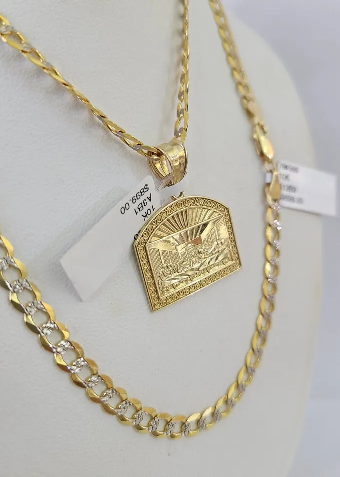 Charm Necklaces 10k Gold Chain Last Supper Charm Solid Cuban Curb Link 5mm 1828 Inch SET Gold and Diamond Charm Necklaces 10k Gold Chain Last Supper Charm Solid Cuban Curb Link 5mm 1828 Inch SET Gold and Diamond