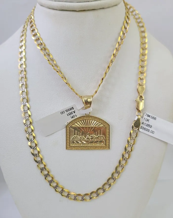 Charm Necklaces 10k Gold Chain Last Supper Charm Solid Cuban Curb Link 5mm 1828 Inch SET Gold and Diamond