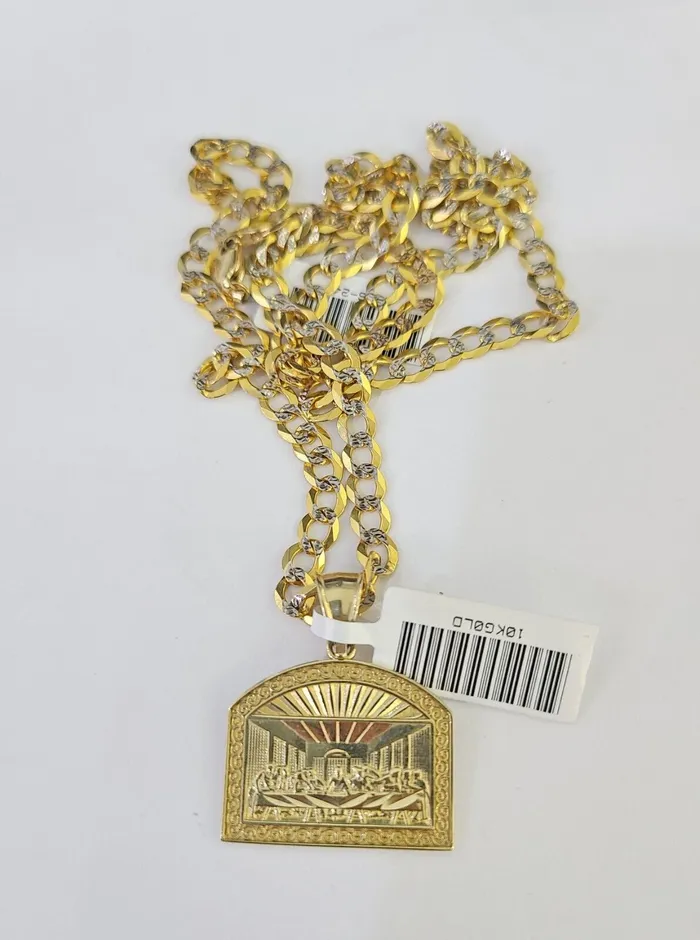 Charm Necklaces 10k Gold Chain Last Supper Charm Solid Cuban Curb Link 5mm 1828 Inch SET Gold and Diamond