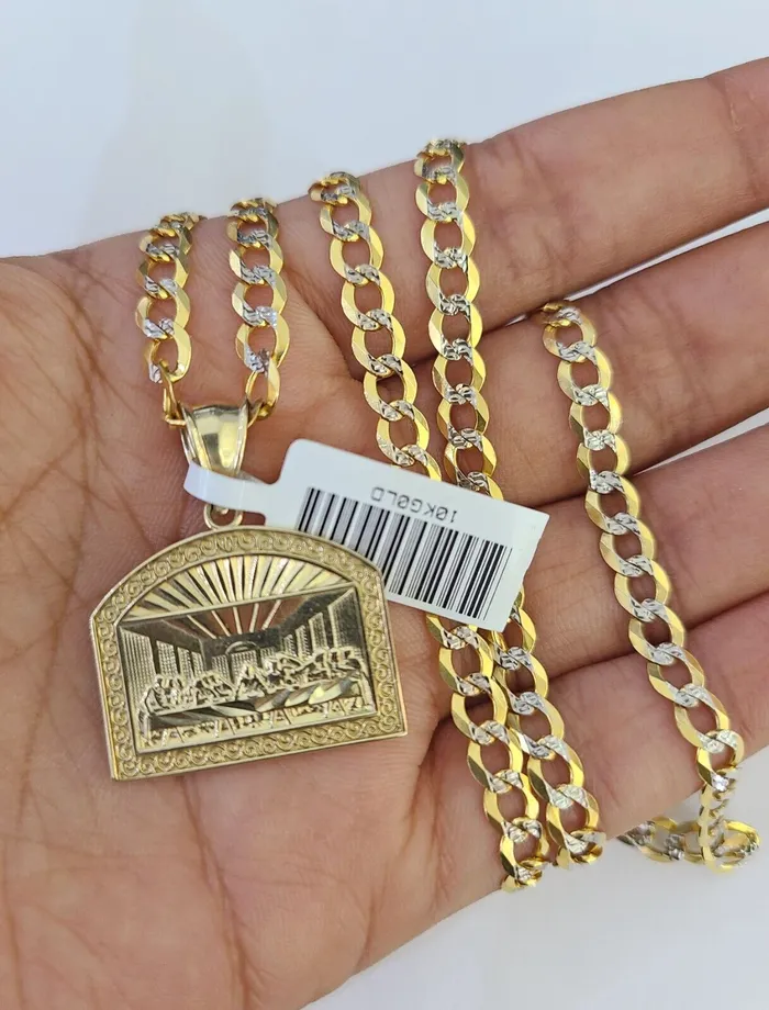 Charm Necklaces 10k Gold Chain Last Supper Charm Solid Cuban Curb Link 5mm 1828 Inch SET Gold and Diamond