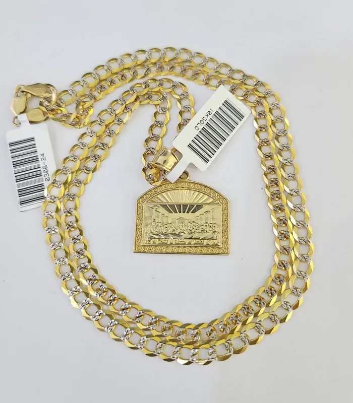 Charm Necklaces 10k Gold Chain Last Supper Charm Solid Cuban Curb Link 5mm 1828 Inch SET Gold and Diamond
