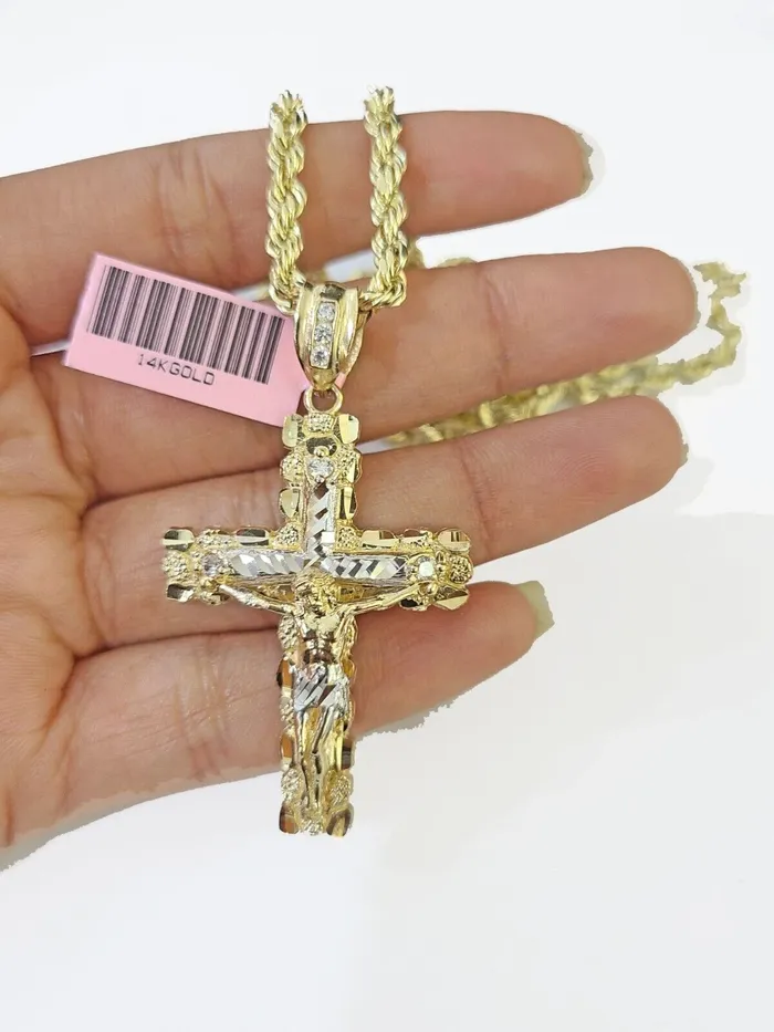 Globalwatches10 Necklaces 14k Yellow Gold Rope Chain Jesus Nugget Cross Charm SET 4mm 22 Inches Necklace Globalwatches10 Necklaces 14k Yellow Gold Rope Chain Jesus Nugget Cross Charm SET 4mm 22 Inches Necklace