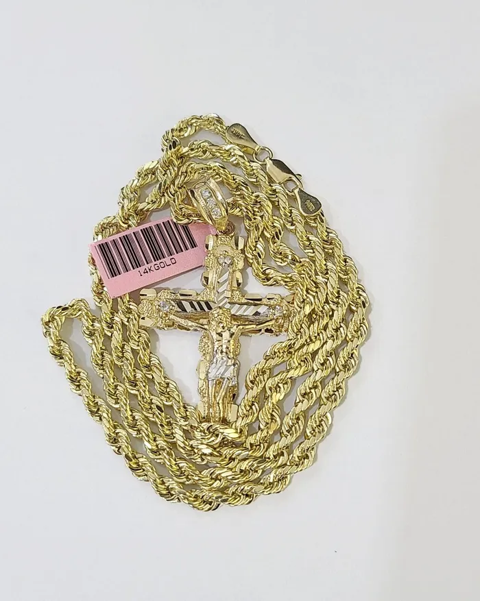 Globalwatches10 Necklaces 14k Yellow Gold Rope Chain Jesus Nugget Cross Charm SET 4mm 22 Inches Necklace