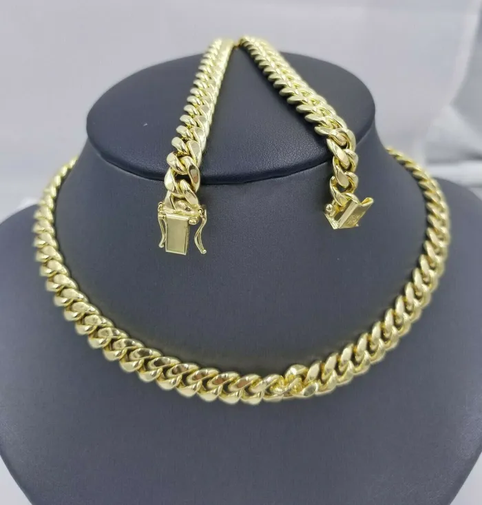 Gold and Diamond Necklaces Real 10K Yellow Gold Chain 8mm 20 Necklace Miami Cuban Link Mens Box Lock SHORT