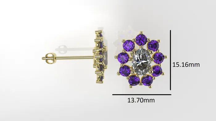 JCM DESIGN JEWELRY Gold Push Bag Earrings with 2 DIAMOND VS1 and 18 AMETHYST Flower style Stt Prongs Earrings
