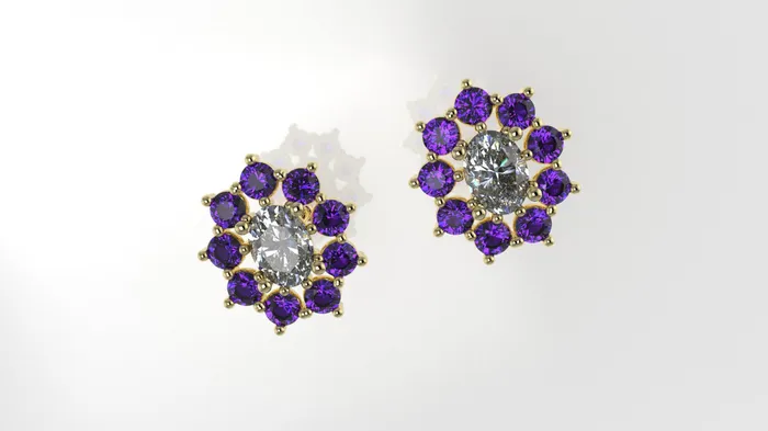 JCM DESIGN JEWELRY Gold Push Bag Earrings with 2 DIAMOND VS1 and 18 AMETHYST Flower style Stt Prongs Earrings