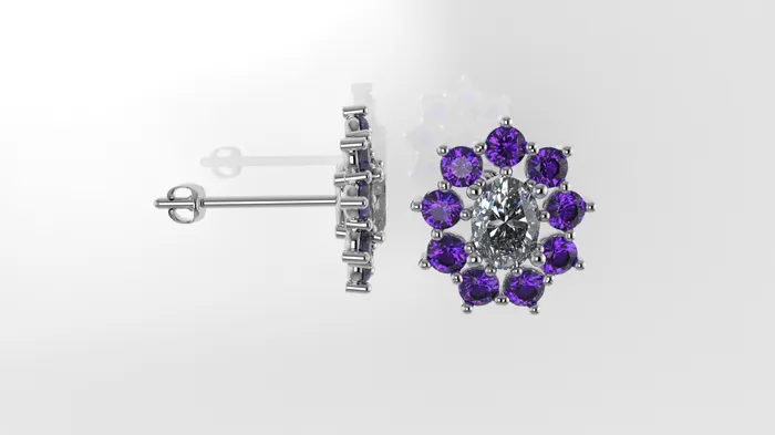 JCM DESIGN JEWELRY Gold Push Bag Earrings with 2 DIAMOND VS1 and 18 AMETHYST Flower style Stt Prongs Earrings
