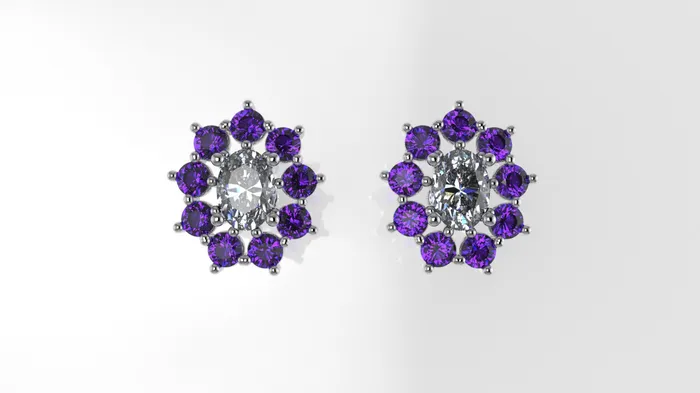 JCM DESIGN JEWELRY Gold Push Bag Earrings with 2 DIAMOND VS1 and 18 AMETHYST Flower style Stt Prongs Earrings