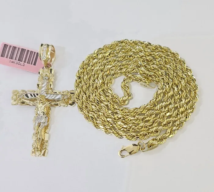 Necklaces Globalwatches10 14k Yellow Gold Rope Chain Jesus Nugget Cross Charm SET 4mm 24 Inches Necklace Necklaces Globalwatches10 14k Yellow Gold Rope Chain Jesus Nugget Cross Charm SET 4mm 24 Inches Necklace