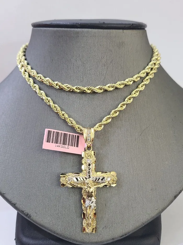 Necklaces Globalwatches10 14k Yellow Gold Rope Chain Jesus Nugget Cross Charm SET 4mm 24 Inches Necklace