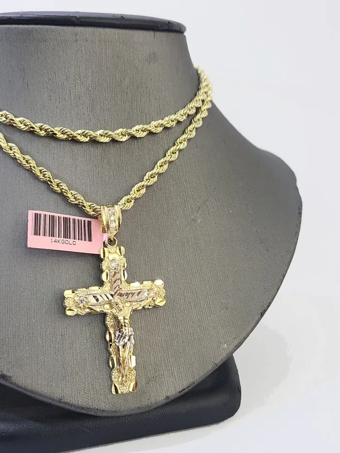 Necklaces Globalwatches10 14k Yellow Gold Rope Chain Jesus Nugget Cross Charm SET 4mm 24 Inches Necklace