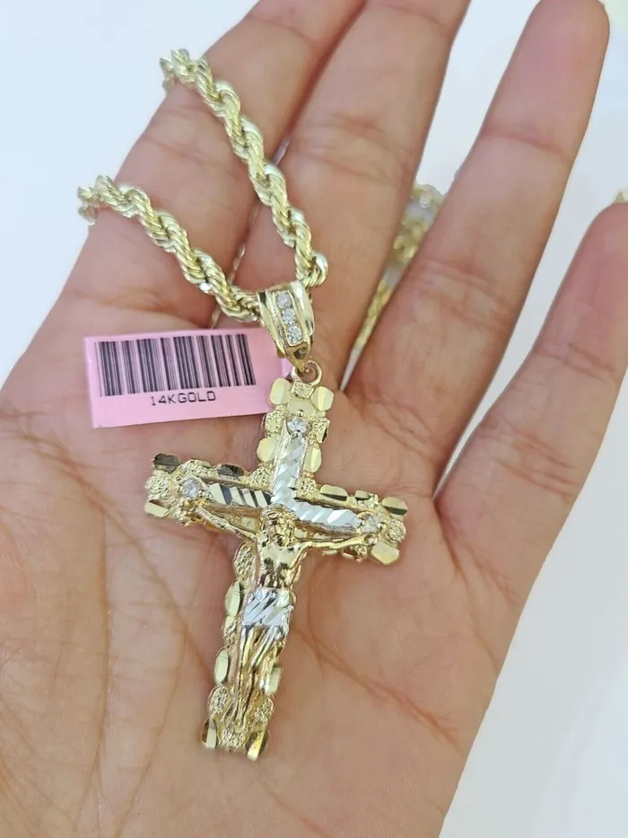 Necklaces Globalwatches10 14k Yellow Gold Rope Chain Jesus Nugget Cross Charm SET 4mm 24 Inches Necklace