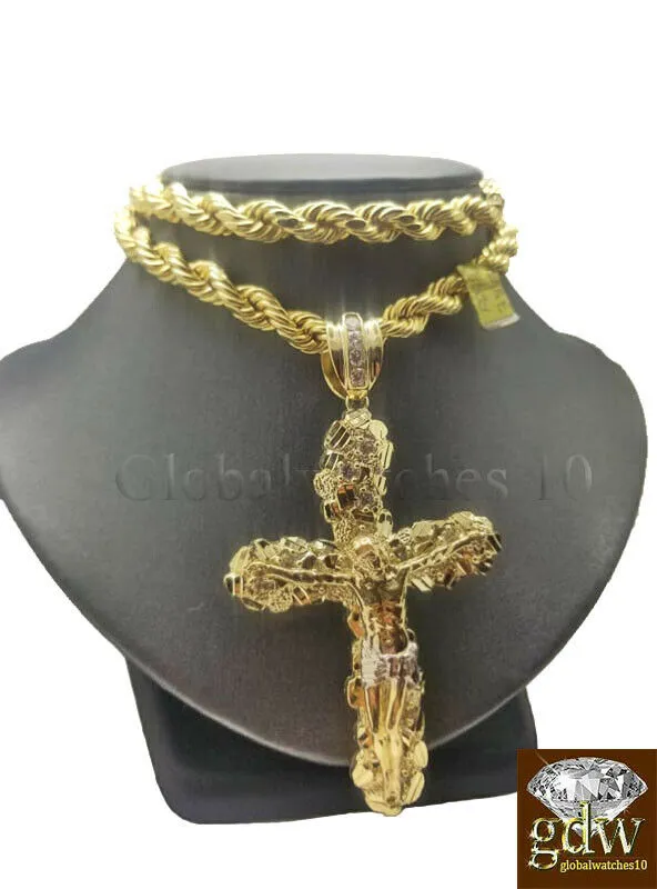 Real 10k Gold Nugget Jesus Crucifix Cross Pendent Charm with 24 Inch Rope Chain Gold and Diamond Charm Necklaces Real 10k Gold Nugget Jesus Crucifix Cross Pendent Charm with 24 Inch Rope Chain Gold and Diamond Charm Necklaces
