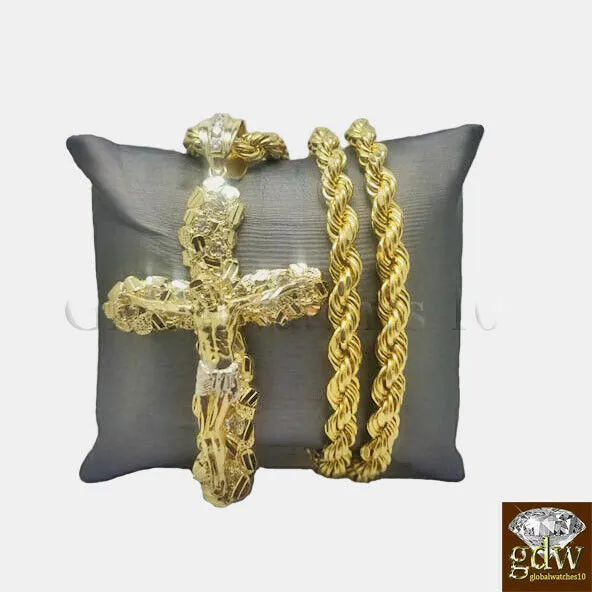 Real 10k Gold Nugget Jesus Crucifix Cross Pendent Charm with 24 Inch Rope Chain Gold and Diamond Charm Necklaces