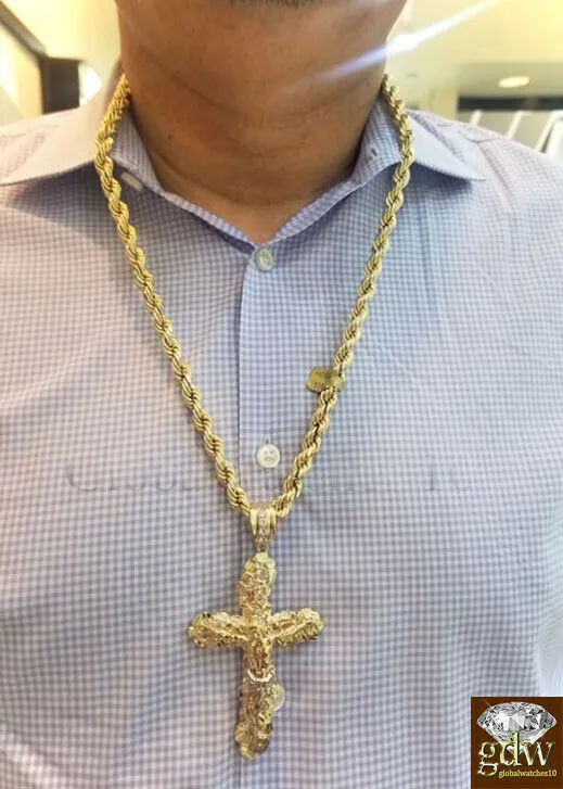 Real 10k Gold Nugget Jesus Crucifix Cross Pendent Charm with 24 Inch Rope Chain Gold and Diamond Charm Necklaces