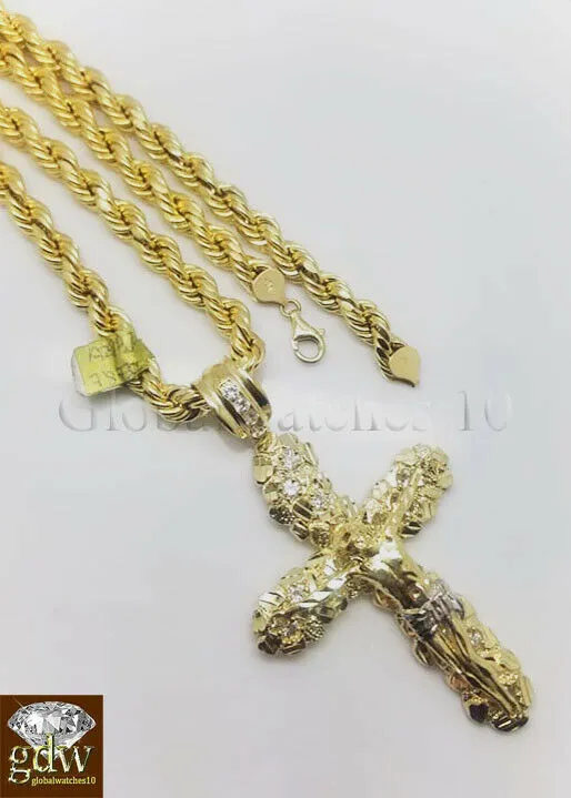 Real 10k Gold Nugget Jesus Crucifix Cross Pendent Charm with 24 Inch Rope Chain Gold and Diamond Charm Necklaces