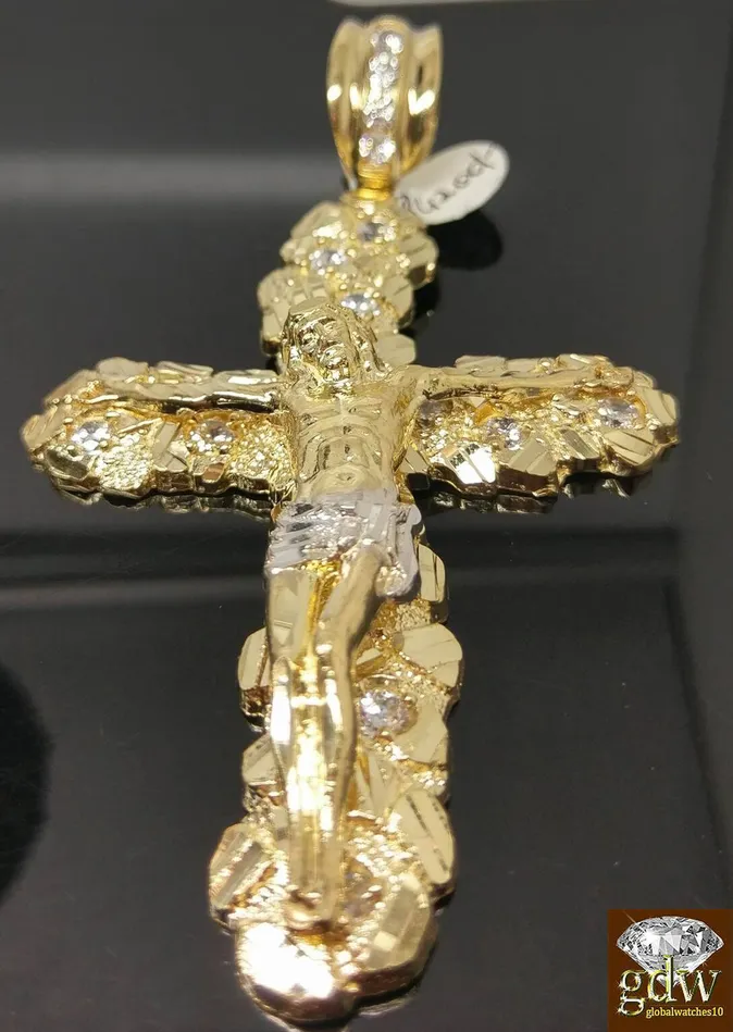 Real 10k Gold Nugget Jesus Crucifix Cross Pendent Charm with 24 Inch Rope Chain Gold and Diamond Charm Necklaces