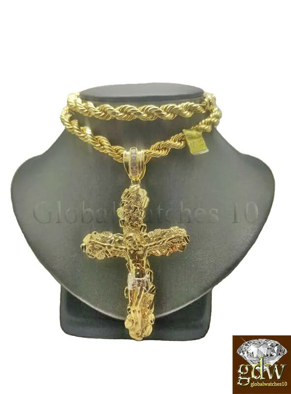 Real 10k Gold Nugget Jesus Crucifix Cross Pendent Charm with 24 Inch Rope Chain Gold and Diamond Charm Necklaces