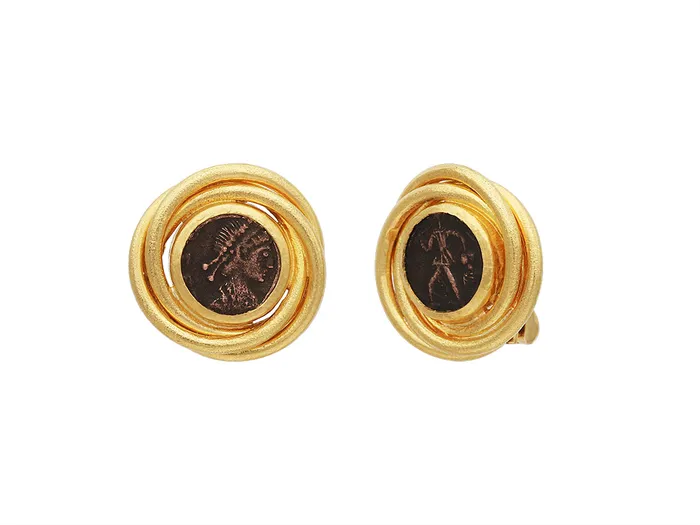 Earrings GURHAN Antiquities Gold Coin Stud Earrings 10mm Round Set in Twisted Wire Frame GG GOLD OOAK Earrings GURHAN Antiquities Gold Coin Stud Earrings 10mm Round Set in Twisted Wire Frame GG GOLD OOAK