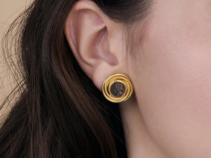 Earrings GURHAN Antiquities Gold Coin Stud Earrings 10mm Round Set in Twisted Wire Frame GG GOLD OOAK Earrings GURHAN Antiquities Gold Coin Stud Earrings 10mm Round Set in Twisted Wire Frame GG GOLD OOAK