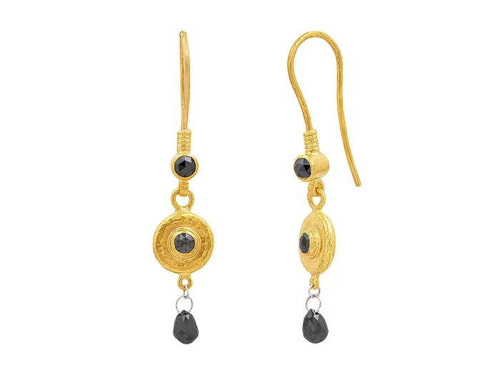 GG GOLD TRAD GURHAN Droplet Gold Black Diamond Double Drop Earrings 8mm Round Drop on Wire Hook Earrings GG GOLD TRAD GURHAN Droplet Gold Black Diamond Double Drop Earrings 8mm Round Drop on Wire Hook Earrings
