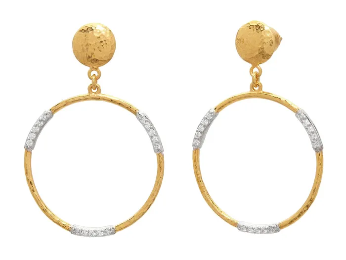 GURHAN Geo Gold Single Drop Earrings 25mm Round with Triple Pave Stations GG GOLD TRAD Earrings GURHAN Geo Gold Single Drop Earrings 25mm Round with Triple Pave Stations GG GOLD TRAD Earrings