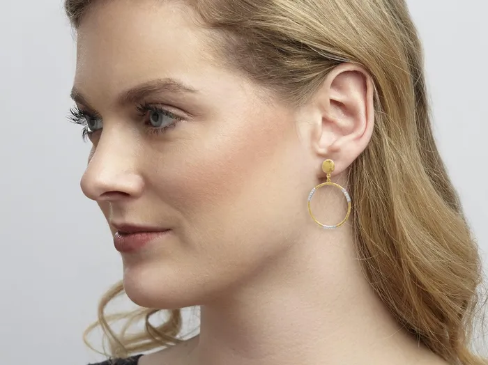 GURHAN Geo Gold Single Drop Earrings 25mm Round with Triple Pave Stations GG GOLD TRAD Earrings GURHAN Geo Gold Single Drop Earrings 25mm Round with Triple Pave Stations GG GOLD TRAD Earrings