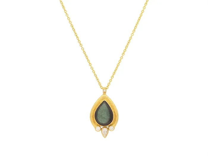 Necklaces GURHAN Muse Gold Labradorite Teardrop Pendant Necklace 16x12mm set in Wide Frame GG GOLD OOAK Necklaces GURHAN Muse Gold Labradorite Teardrop Pendant Necklace 16x12mm set in Wide Frame GG GOLD OOAK