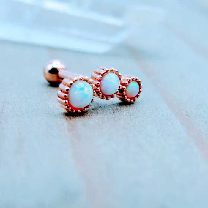 White opal triple cluster conch helix tragus barbell 16g 516 rose gold plated earring crimped bezel style Siren Body Jewelry Earrings White opal triple cluster conch helix tragus barbell 16g 516 rose gold plated earring crimped bezel style Siren Body Jewelry Earrings