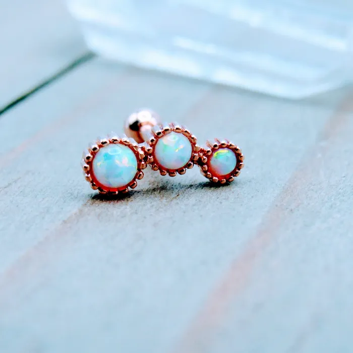 White opal triple cluster conch helix tragus barbell 16g 516 rose gold plated earring crimped bezel style Siren Body Jewelry Earrings