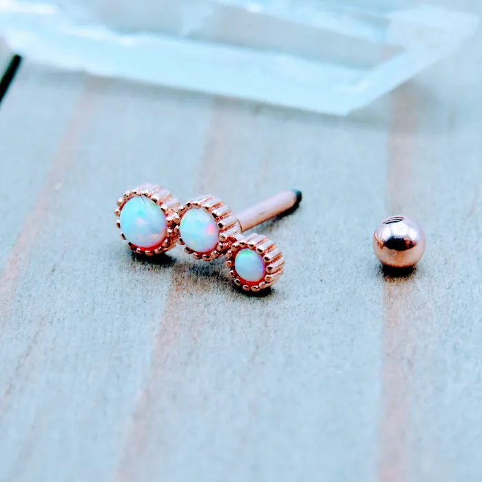 White opal triple cluster conch helix tragus barbell 16g 516 rose gold plated earring crimped bezel style Siren Body Jewelry Earrings