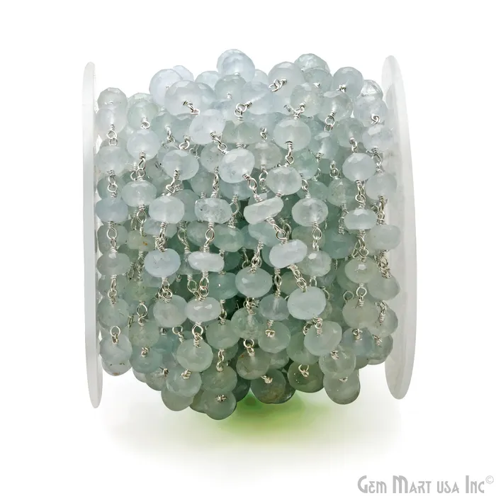 Aquamarine Faceted Beads 67mm Silver Wire Wrapped Rosary Chain GemMartUSA Necklaces