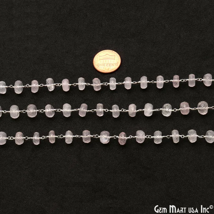 GemMartUSA Necklaces Rose Quartz 78mm Beads Faceted Silver Wire Wrapped Rosary Chain GemMartUSA Necklaces Rose Quartz 78mm Beads Faceted Silver Wire Wrapped Rosary Chain