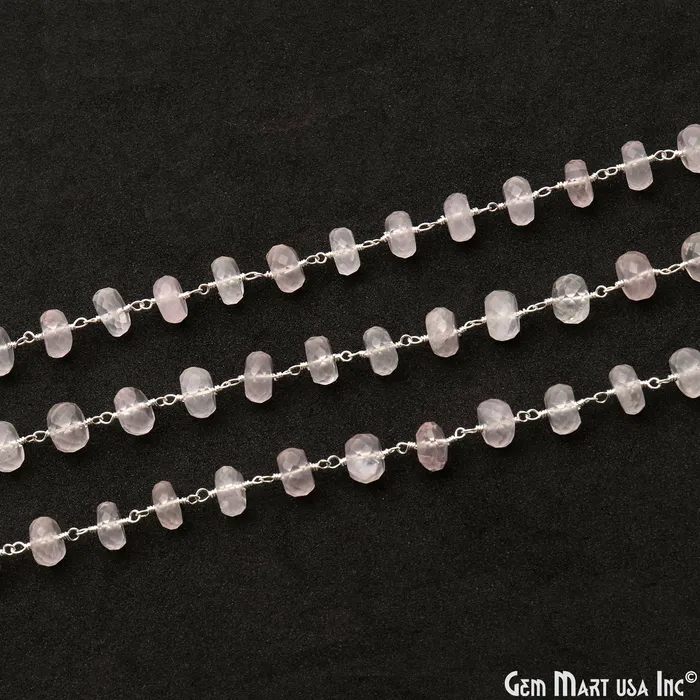 GemMartUSA Necklaces Rose Quartz 78mm Beads Faceted Silver Wire Wrapped Rosary Chain GemMartUSA Necklaces Rose Quartz 78mm Beads Faceted Silver Wire Wrapped Rosary Chain