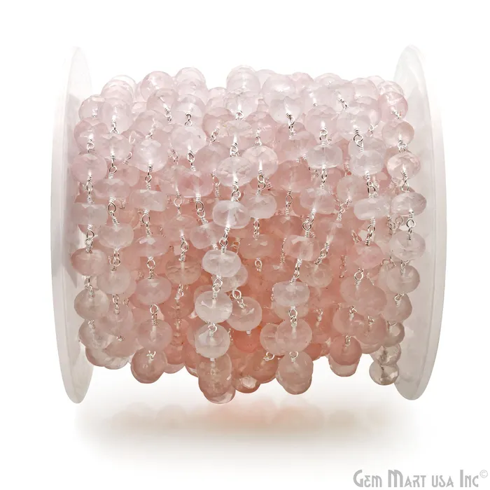 GemMartUSA Necklaces Rose Quartz 78mm Beads Faceted Silver Wire Wrapped Rosary Chain GemMartUSA Necklaces Rose Quartz 78mm Beads Faceted Silver Wire Wrapped Rosary Chain