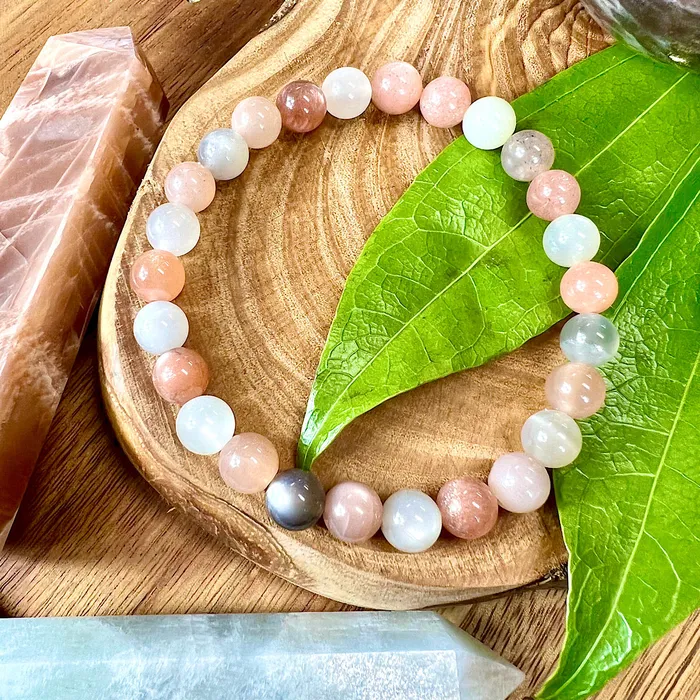 Lily Rose Jewelry Rainbow Moonstone Peach Moonstone Black Moonstone Sunstone Quad Power TOTAL Bliss 8mm Stretch Bracelet Bracelets
